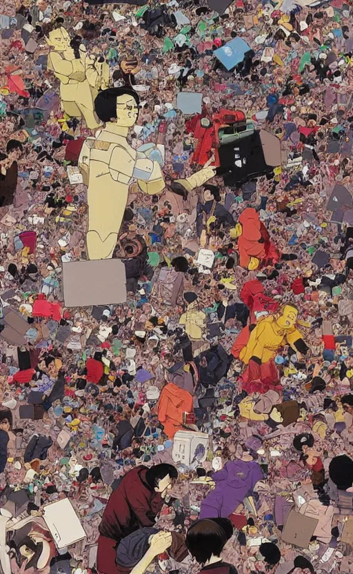 Image similar to a colorful illustration of the end of human species protesting against surpression by artificial intelligence in style of katsuhiro otomo