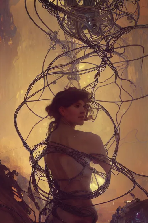 Image similar to hyperrealist portrait of a year 2 0 4 4 space sport engineer, it is decorated with long wires that fall like vines and wears small computers over their body. by jeremy mann and alphonse mucha, fantasy art, photo realistic, dynamic lighting, artstation, poster, volumetric lighting, very detailed faces, 4 k, award winning