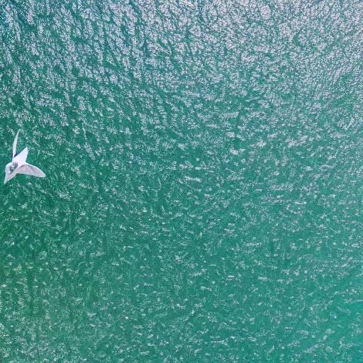 Image similar to simmetrical photo of a seagull flying seen exactly from above. Watching down. Seagull seen from above. 4k still award winning. Pleasant look and colors. Sea on the background.