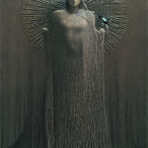 Image similar to the queen of the sun by zdzislaw beksinski and h. r. giger, oil on canvas