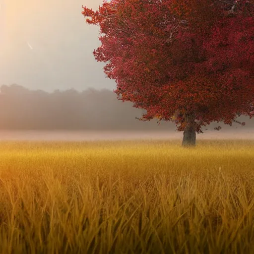 Prompt: Broad wetland view covered in morning fog with yellow reedbeds and a wooden birdwatching tower in the middle, autumn morning, vivid autumny colors, realistic digital illustration