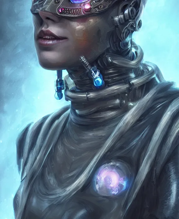 Image similar to portrait of a cyberpunk masked warrior, half body, glowin eyes, d & d, fantasy, intricate, elegant, highly detailed, digital painting, artstation, concept art, art by artgerm