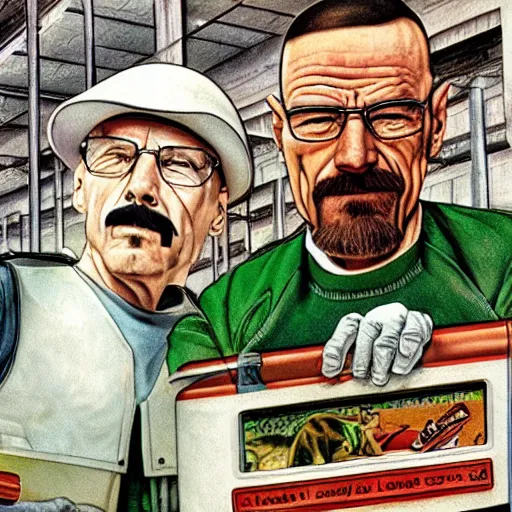 Prompt: Walter White and Luigi in chemical factory, artwork by Earl Norem,