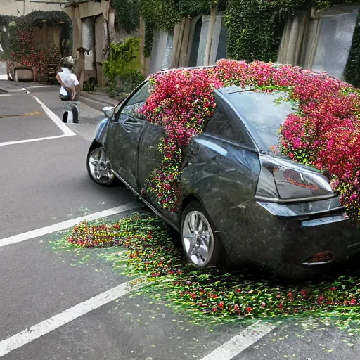 Image similar to a car being destroyed by flower covered vines, heonhwa choe, photorealistic