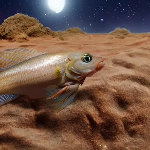 Image similar to a high resolution photo of a beautiful muscular fish watching the end of the universe in the desert