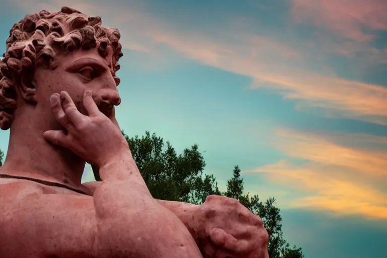 Prompt: a photograph of a greek statue with his hands on his face and a pink sky in the background, hyper realistic, 8 k