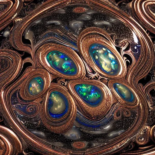 Prompt: Art Nouveau cresting oil slick waves, hyperdetailed bubbles in a shiny iridescent oil slick wave, black opals, ornate copper patina medieval ornament, rococo, oganic rippling spirals, octane render, 8k 3D