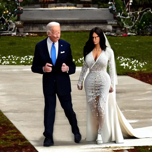 Image similar to professional photograph of Joe Biden and Kim Kardashian getting married, highly detailed, highly intricate, 8k,