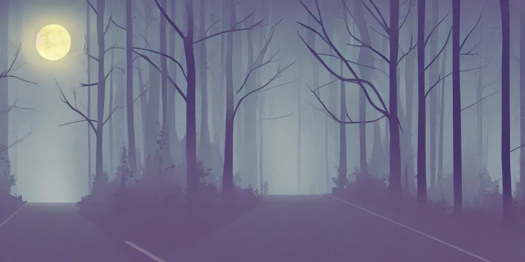 Image similar to night, road between tall trees, dense forest, dark night, moon, in style of disney cartoon