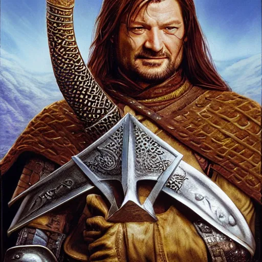 Image similar to noble warrior Boromir with his horn of Gondor by Mark Brooks, Donato Giancola, Victor Nizovtsev, Scarlett Hooft, Graafland, Chris Moore