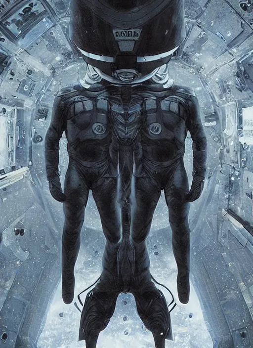 Image similar to astronauts in dark and empty void underwater - complex and hyperdetailed technical suit. reflection and dispersion materials. rays and dispersion of light. volumetric light. 5 0 mm, f / 3 2. noise film photo. flash photography. ultra realistic, wide angle. poster by wayne barlowe, hajime sorayama aaron horkey, craig mullins