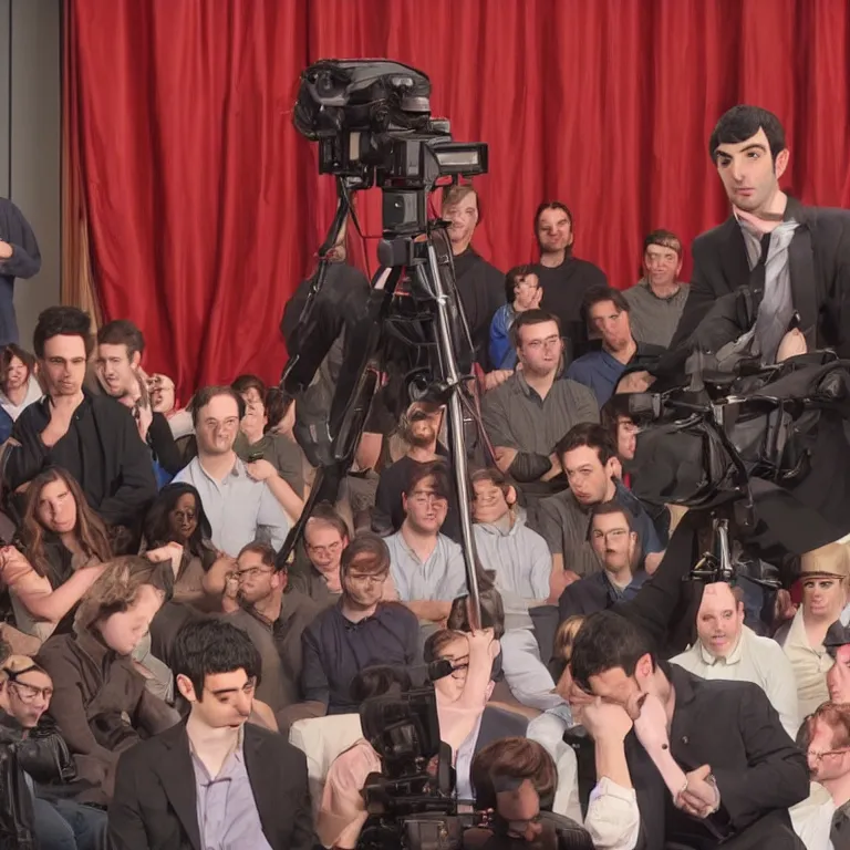 Prompt: focused dslr photograph of hundreds of nathan fielder from nathan for you on comedy central controlling a puppet version of himself filmed by a tv crew on a stage with a red curtain, meta, fractal, trippy, high detail!!! 8 k, photorealism, sharp focus, volumetric lighting, coherent!!! art directed, rule of thirds, face