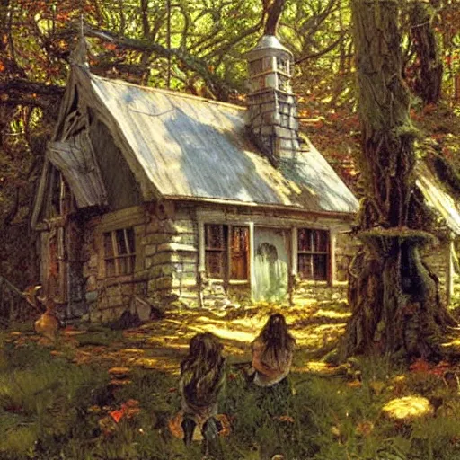 Image similar to witch cottage in the forest, art by norman rockwell and donato giancola and greg rutkowski