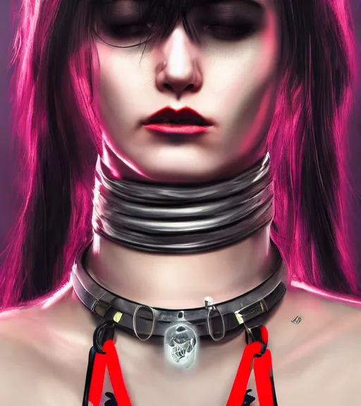 Image similar to detailed realistic female character cyberpunk wearing thick steel collar around neck, realistic, art, beautiful, 4K, collar, choker, collar around neck, punk, artstation, detailed, female, woman, choker, cyberpunk, neon, punk, collar, choker, collar around neck, thick collar, tight around neck, punk,