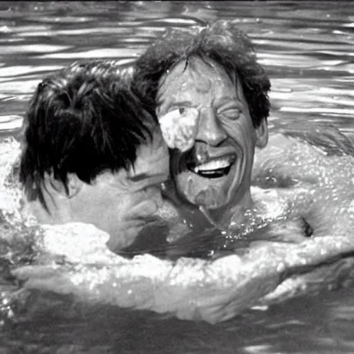 Prompt: barney eating jim varney in a swim pool award winning photo