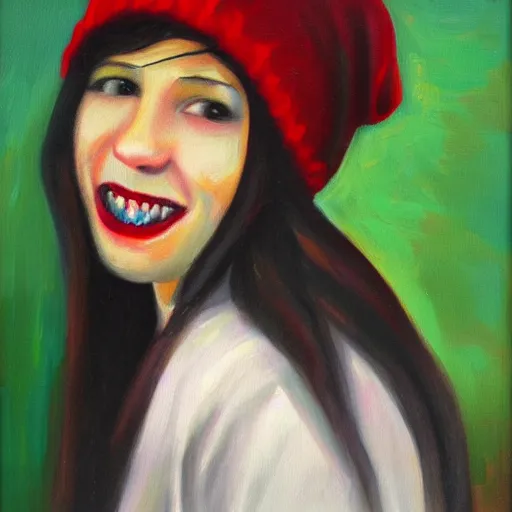 Prompt: painting of a emo girl with a eerily large smile, showing teeth, beanie, impressionist style