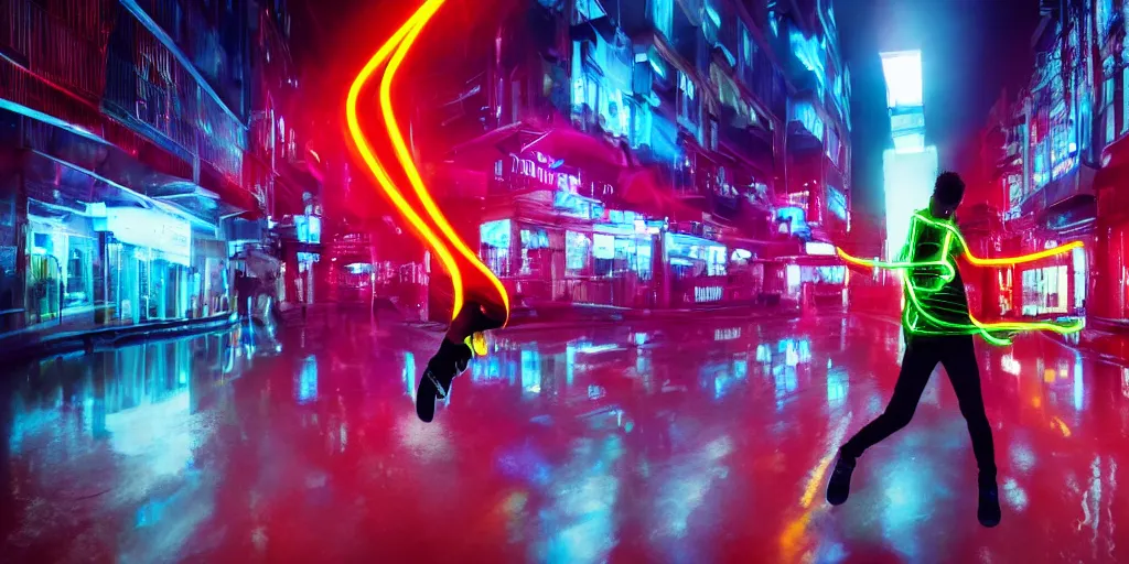 Image similar to cinematic wide angle, slow motion of futuristic break dancer wearing neon lights, trail effect, long exposure shot , at night in the middle of a rainy street, asian city, paddle of water, water splashes, rim lights, glossy reflections, water droplets on lens, octane render, detailed and soft, by jimbo phillips santa cruz, 10mm fisheye