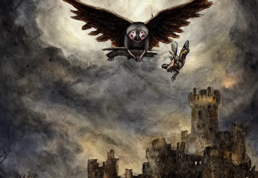 Image similar to Threatening winged possum flying over a medieval castle under a dark starred sky, dark fantasy, watercolor, dreaming illusion, highly detailed, 4k, trending on Artstation, award-winning