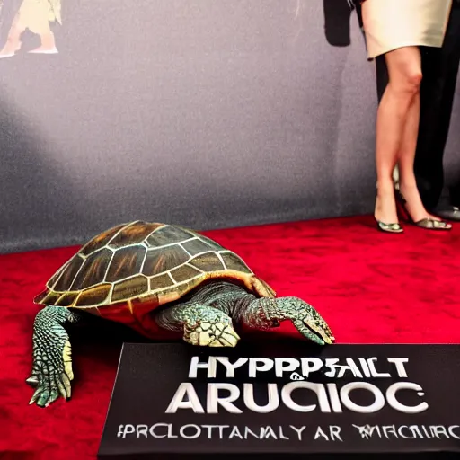 Image similar to hyperrealistic!! Drunk Actor Red Carpet Paparazzi, turtle, 8K, cinematic