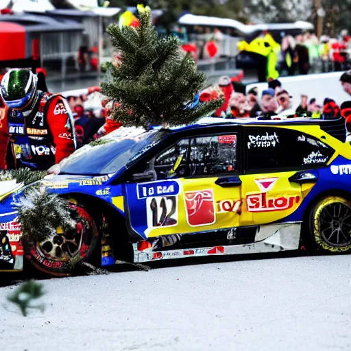 Image similar to Petter Solberg after he crashed into the christmas tree