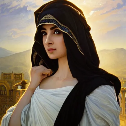 Image similar to greek Ameera al-Taweel, blue eyes, wavy black hair, white veil, highly detailed, digital painting, artstation, concept art, smooth, sharp focus, illustration, ArtStation, art by artgerm and greg rutkowski and alphonse mucha and J. C. Leyendecker and Edmund Blair Leighton and Katsuhiro Otomo and Geof Darrow and Phil hale and Ashley wood and Ilya repin and Charlie Bowater