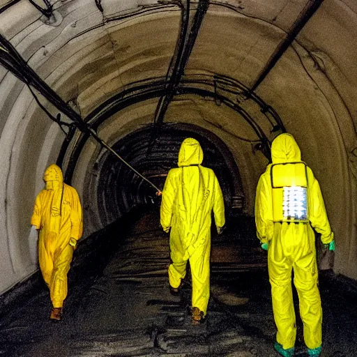 Prompt: men in hazmat suits entering giant industrial tunnel full of cables and lights in the style of akira