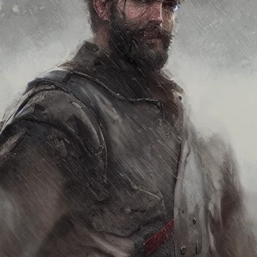 Prompt: gladiator, peter parker with beard, scarred, wet, raining, close up, rim lighting, portrait, sinister atmospheric lighting. highly detailed painting by greg rutkowski, anime style