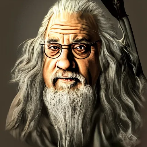 Image similar to danny devito as gandalf, deviantart, smile, ultra realistic illustration, final fantasy, high quality, full color, full body, lotr movies