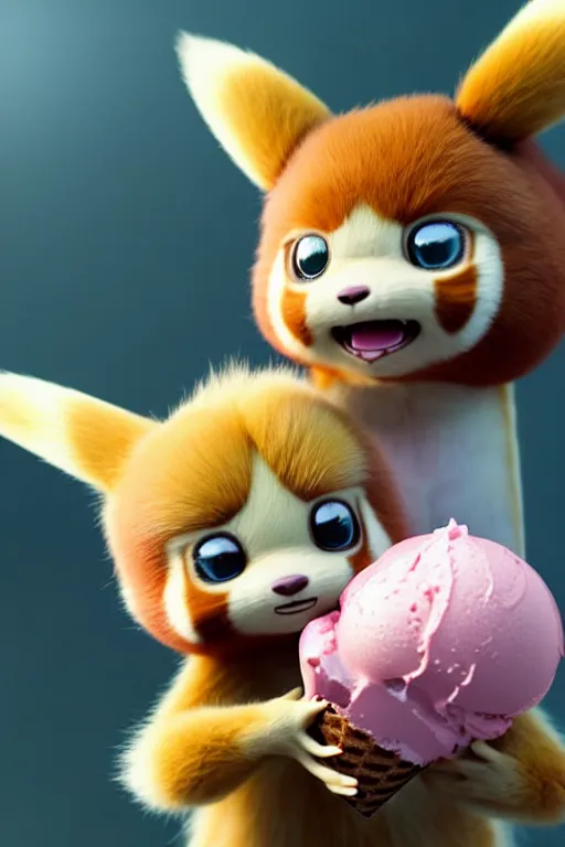 Prompt: high quality 3 d render hyperrealist very cute pastel fluffy! red panda & tarsier hybrid eating giant ice cream, vray smooth, in the style of detective pikachu, hannah yata, very dramatic light, low angle, uhd 8 k, shallow depth or field