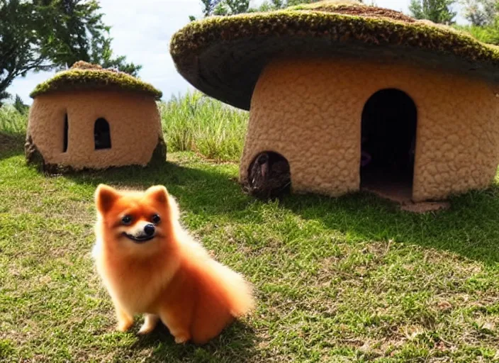 Image similar to a tan pomeranian in front of a mushroom house