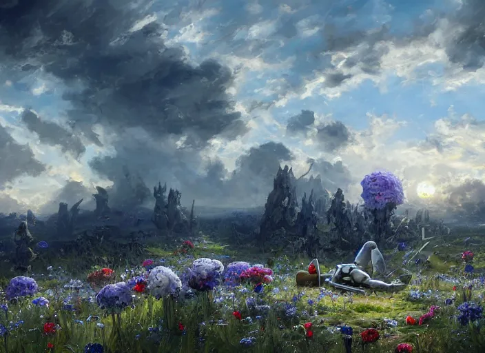 Prompt: a knight's skeleton killed long ago lays in a vast flower field in the cosmic sky by vladimir volegov and alexander averin and peder mørk mønsted and adrian smith and raphael lacoste