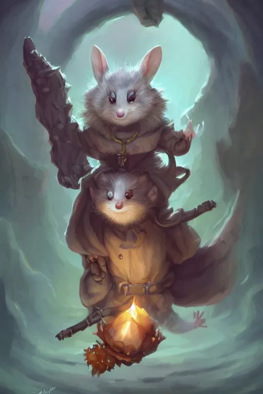 Image similar to cute little anthropomorphic oppossum wizard, tiny, small, baby animal, short, cute and adorable, pretty, beautiful, DnD character art portrait, matte fantasy painting, DeviantArt Artstation, by Jason Felix by Steve Argyle by Tyler Jacobson by Peter Mohrbacher, cinematic lighting