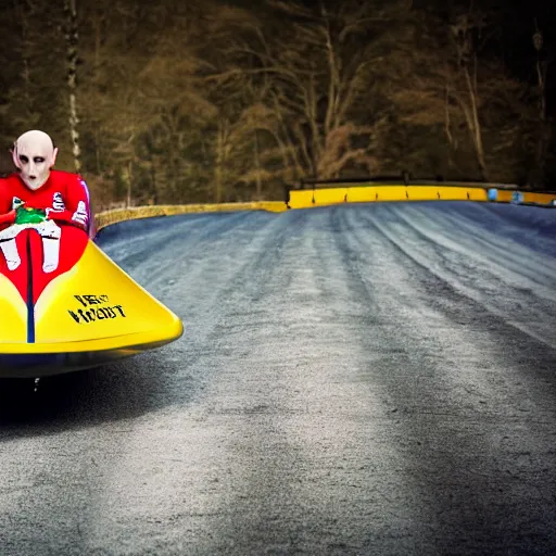 Image similar to portrait of nosferatu is doing bobsleigh alone, sport photography