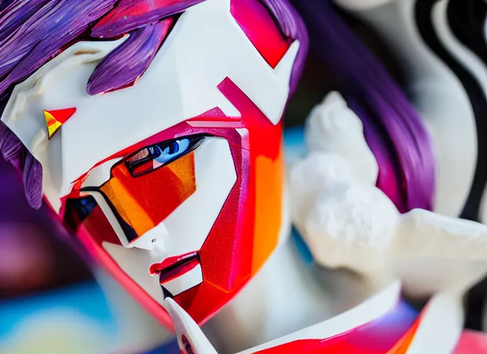 Image similar to extremely beautiful close up portrait photo of a white marble statue of an anime girl with colorful motocross logos and motorcycle helmet with closed visor, colorful smoke in the background, carved marble statue, fine art, neon genesis evangelion, virgil abloh, offwhite, denoise, highly detailed, 8 k, hyperreal