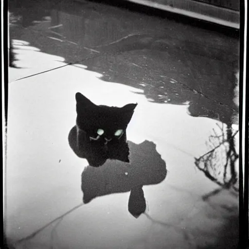 Image similar to wide-shot very low-angle eyesight first-person reflection of a cat in the puddle, polaroid photo, by Andy Warhol, signed