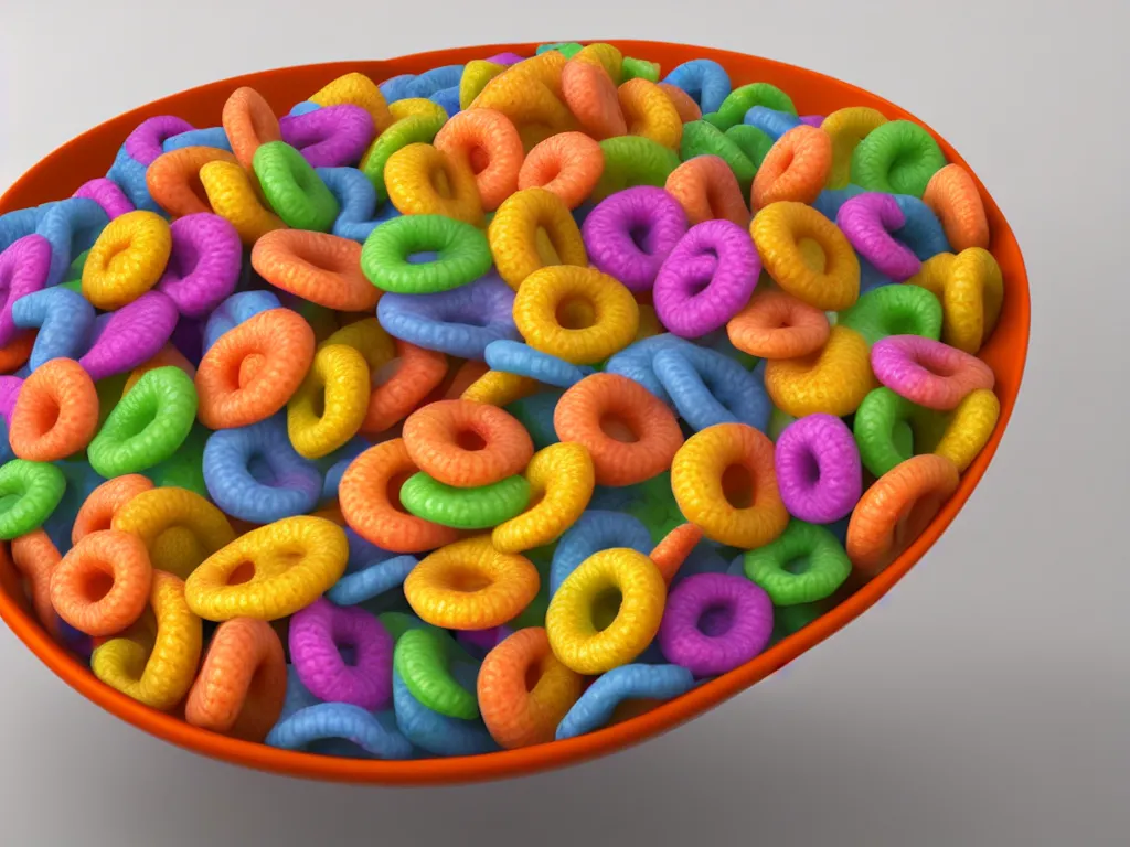 Image similar to bowl of fruit loops in milk, high realism, high detail, stylized, pixar, octane render