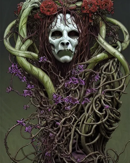 Prompt: the platonic ideal of flowers and roots of cletus kasady ultimate carnage dementor doctor doom gorgon chtulu nazgul, medusa detailed, intricate, hyperrealism, intense, scary, decay, dmt, art by brock hofer and artgerm and greg rutkowski and alphonse mucha