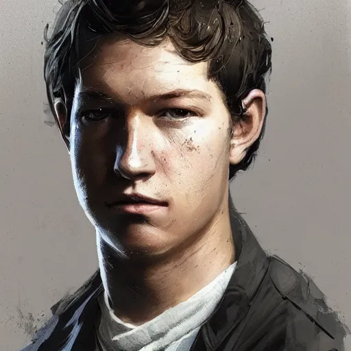 Image similar to portrait of a man by greg rutkowski, he looks like tye sheridan, he is about 2 0 years old, messy brown hair, tired eyes, he is wearing a black and white kevlar superhero suit, highly detailed portrait, digital painting, artstation, concept art, smooth, sharp foccus ilustration, artstation hq