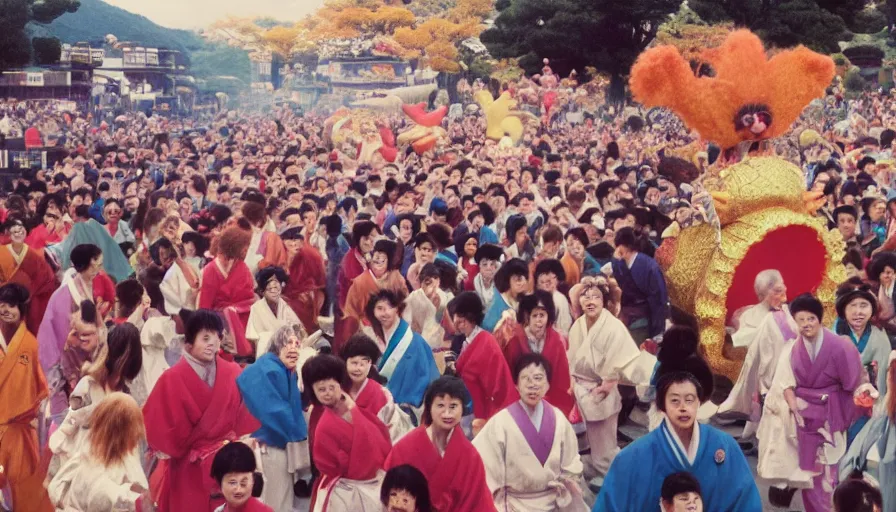 Prompt: movie still by alejandro jodorowsky of a small fun festival in kyoto japan, visible magic energy, costumes, parade floats, cinestill 8 0 0 t eastmancolor technicolor, high quality, very detailed, heavy grain, fine facial features, 8 k, octane render