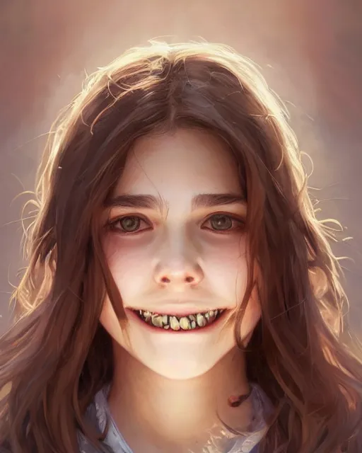 Image similar to symmetry!! portrait of smiling 1 5 - year - old girl with voluminous bushy brown hair, large front teeth, and bright piercing brown eyes, highly detailed, digital painting, artstation, concept art, smooth, sharp focus, illustration, art by artgerm and greg rutkowski and alphonse mucha