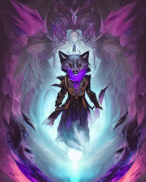 Image similar to Dark Fox Illusionist , portrait, casting blue and purple spell, magic the gathering artwork, D&D, fantasy, cinematic lighting, centered, symmetrical, highly detailed, digital painting, artstation, concept art, smooth, sharp focus, illustration, volumetric lighting, epic Composition, 8k, art by Akihiko Yoshida and Greg Rutkowski and Craig Mullins, oil painting, cgsociety