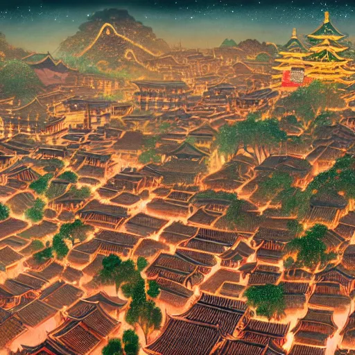 Image similar to A beautiful painting of the Ancient city in China at night by Victo Ngai, Hyakki Yako, effect, unreal engine, Trending on artstation，super wide view、Overhead view