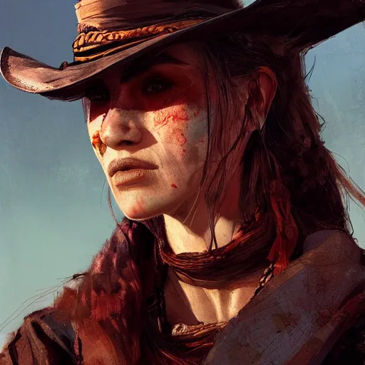 Prompt: portrait of a bandit woman, drawn by ruan jia, fantasy art, red dead redemption, django, town background, weird west, deadlands, dramatic lighting, digital art, 8 k, extremely detailed