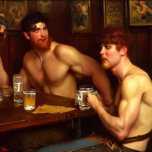 Prompt: handsome mike, wearing pants, with ginger hair with handsome tyler with black hair, drinking their hearts out, in a pub, no shirt. very defined and highly detailed painting by gaston bussiere, j. c. leyendecker, craig mullins 8 k