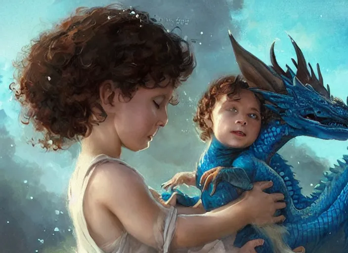 Image similar to a cute little girl with curly brown hair and blue eyes befriends a tiny sparkling blue baby dragon, beautiful fantasy art by greg rutkowski.