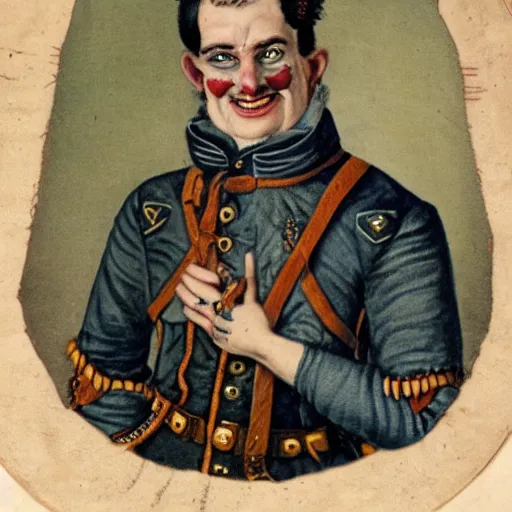 Prompt: 1 9 th century style portrait of a a middle aged half orc with blueish intelligent eyes, wearing a bemused fanged smile on his face. dressed in a patchwork military uniform jacket with cut sleeves, runic arm tattoos, his jacket has many charms and baubles and an upturned collar.