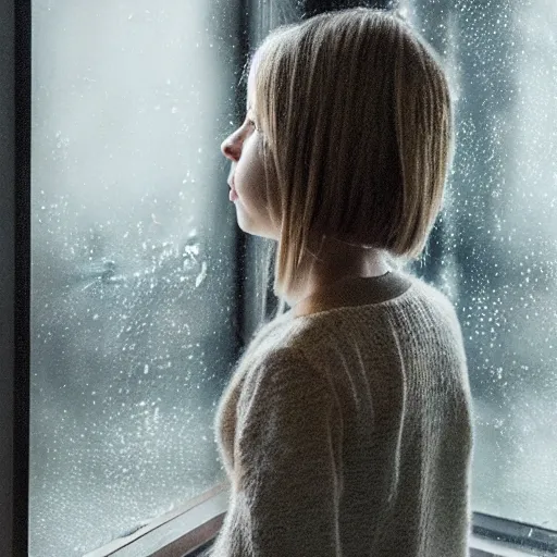 Prompt: girl looking at rainy window, fine art style, octane render, hyper realistic, hi definition, unreal engine, fantasy theme, 8 k