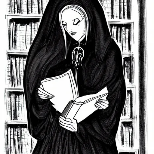 Prompt: character concept art of delicate goth dark angel, in black hooded cloak, reading in an opulent library, illustration