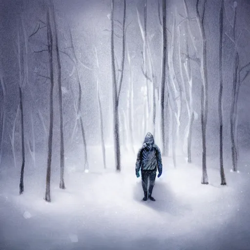 Prompt: human frozen in solid block of ice in snowy forest, concept art, dark fantasy, winter landscape, dangerous forest