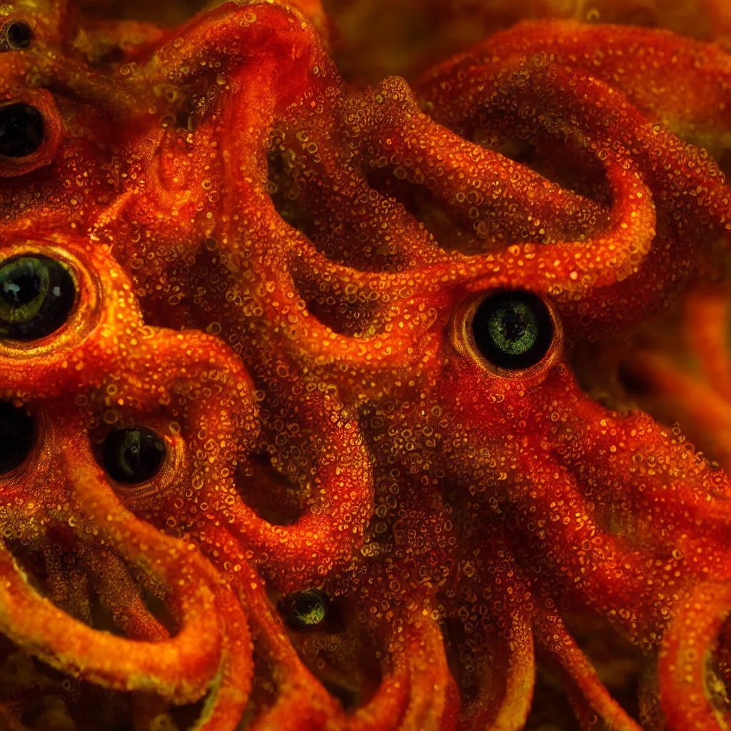 Image similar to fiery whimsical emotional eyes cephalopod, in a photorealistic macro photograph with shallow dof